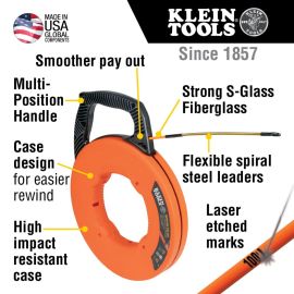 Klein 56351 Fiberglass Fish Tape with Spiral Steel Leader, 100-Foot