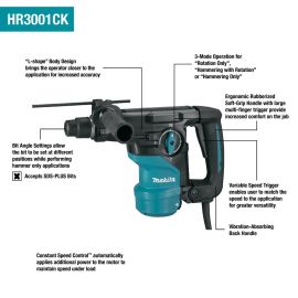 Makita HR3001CK 1‑3/16'' Rotary Hammer, accepts SDS‑PLUS bits (L‑Shape)